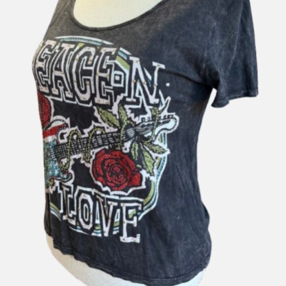 THE CLAS-SIC Peace-N-Love Graphic Tee with Gems Y2K Boho Rocker Edgy (Size S) - Picture 2 of 11